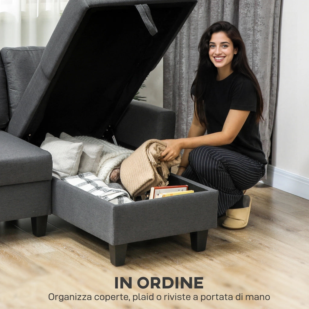 Divano Letto 3 Posti con Chaise e Contenitore ¨C Zephmum ¨C Tessuto Grigio 197x129x85 cm