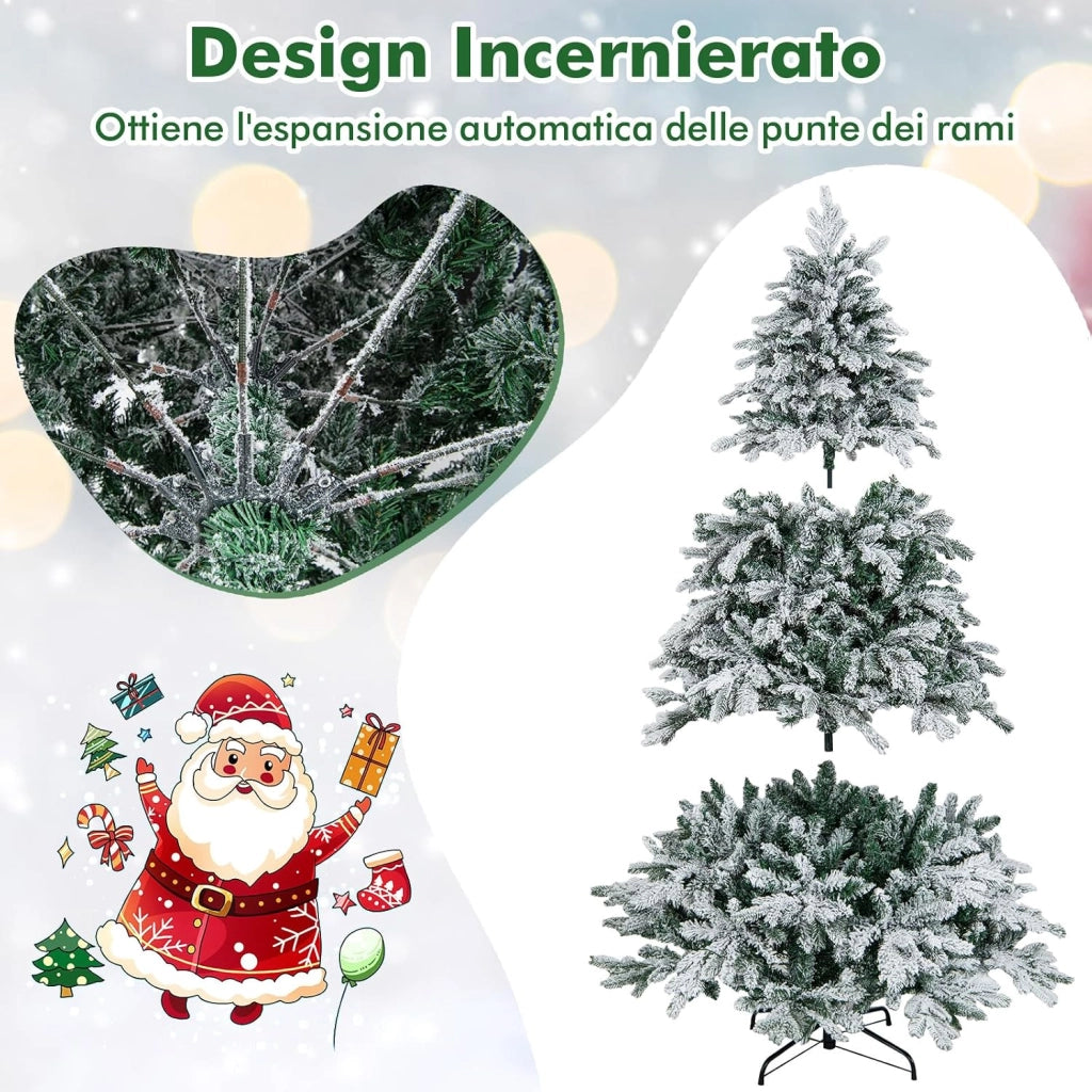 Albero di Natale Innevato 135/180/210 CM, Albero di Natale Artificiale Pre-Illuminato con 120/260/300 Luci LED, 757/1415/1684 Punte e Giunti a Cerniera (180 cm)