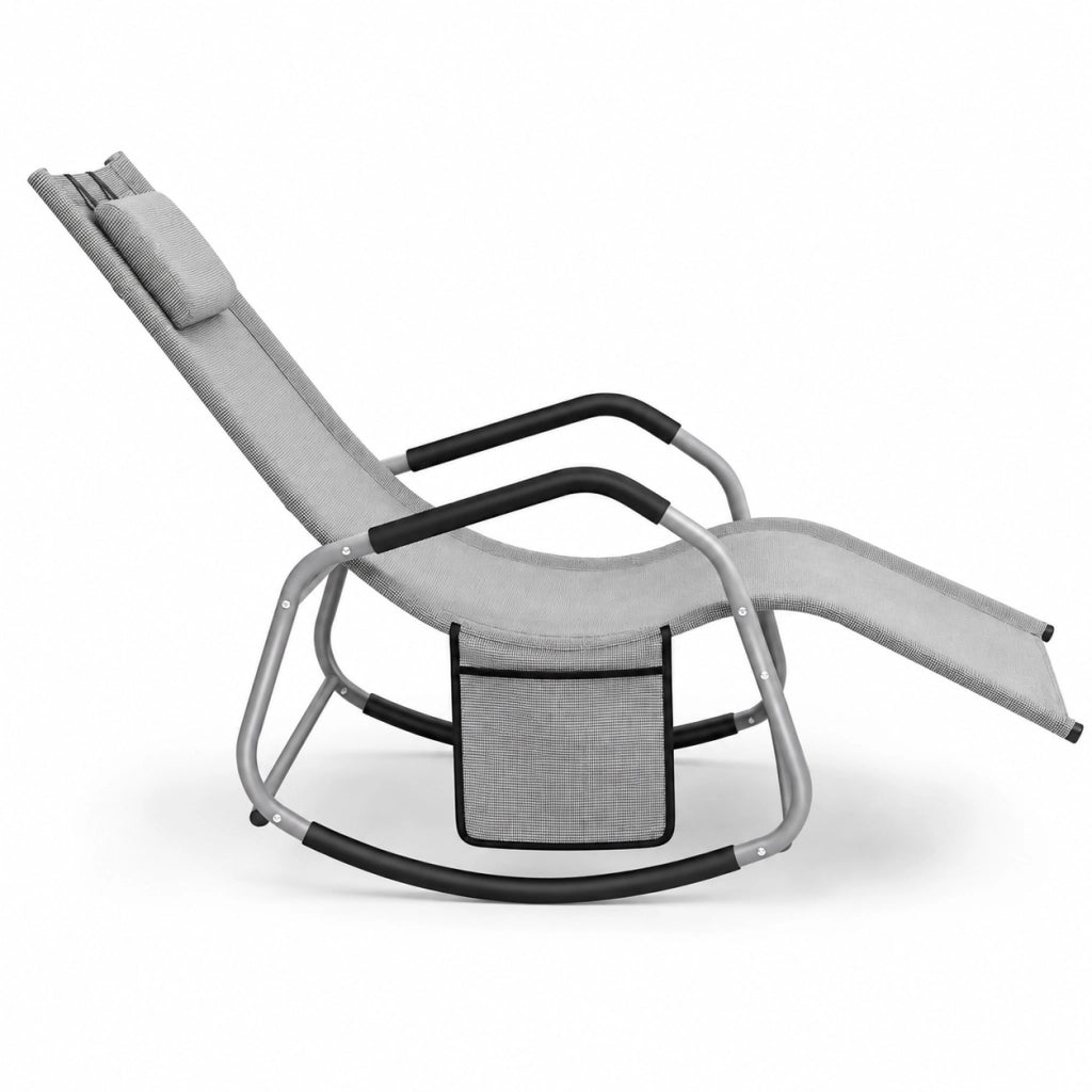 Sedia A Dondolo Da Giardino Con Cuscino Antiribaltamento E Tasca Laterale Seduta Ergonomica Da Esterno In Textilene Con Struttura In Acciaio 151 x 56 x 90 Cm Grigio
