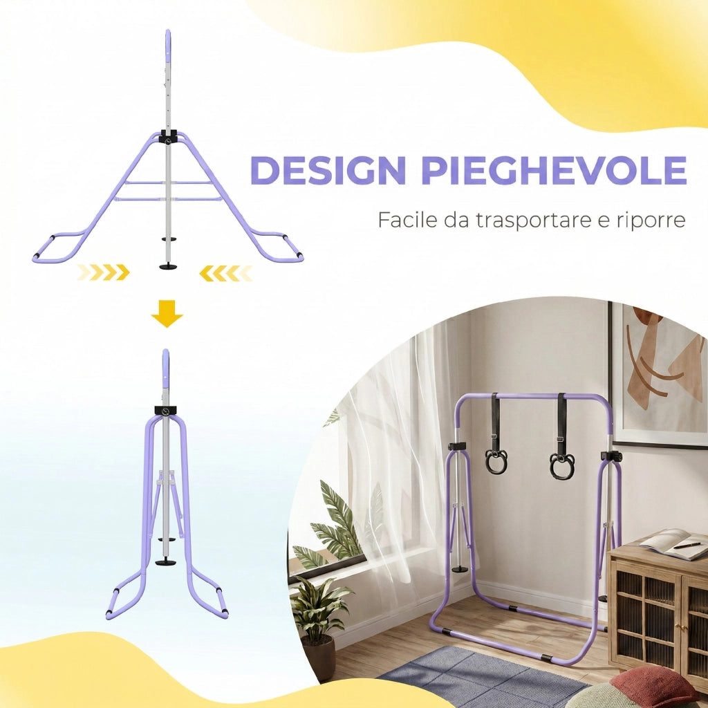Sbarra Ginnastica Artistica per Bambini 148x105x88-128 cm ad Altezza Regolabile con 2 Anelli in Acciaio Viola