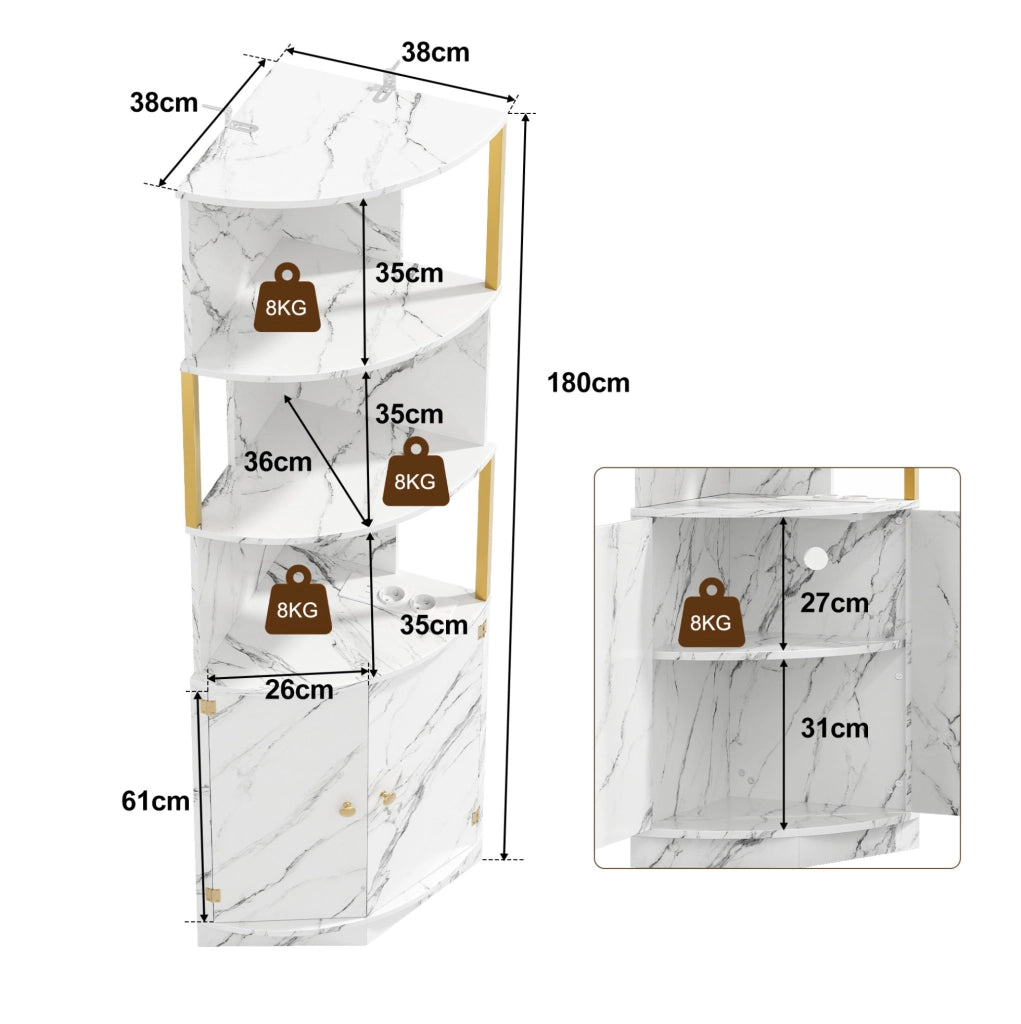 Mobile angolare alto con vani aperti e ante; 38 x 38 x 180 cm; in MDF bianco