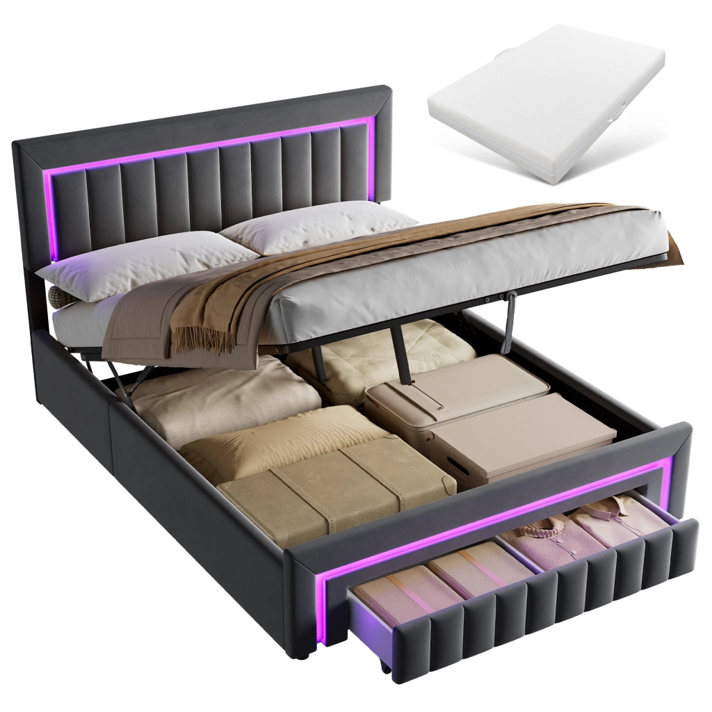 Letto matrimoniale imbottito 160x200 cm grigio scuro in velluto con LED e cassetti