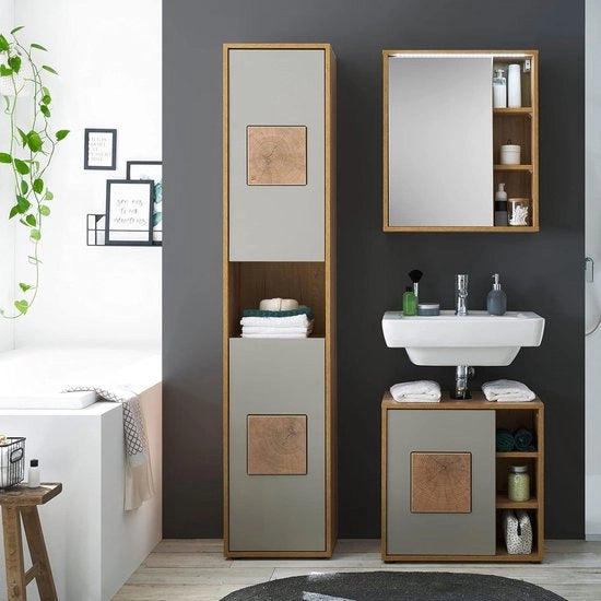 Cassa da bagno alta in basalto con finitura a eichenlook e applicazioni di legno di cervo - Spazio di stoccaggio - 40x190x30 cm cassetti da bagno alti