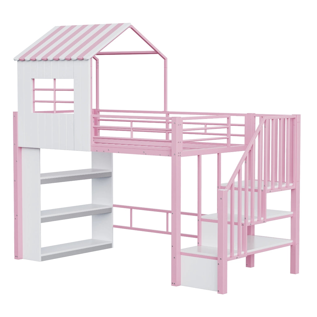 Letto in ferro 90×200 cm rosa design della casa corrimano alto mensole scala montabile su entrambi i lati