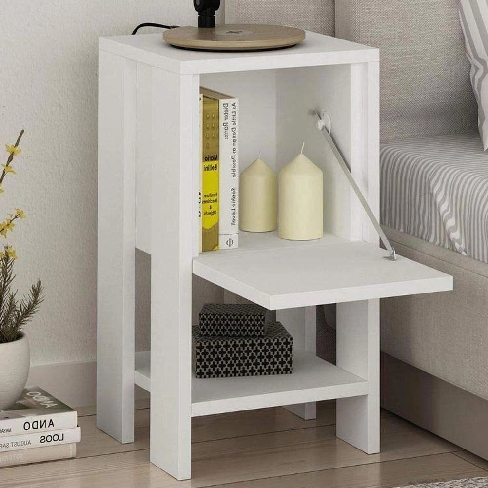 Comodino 30x30x55 cm Mobiletto con Anta a Ribalta e Ripiano in Legno Bianco