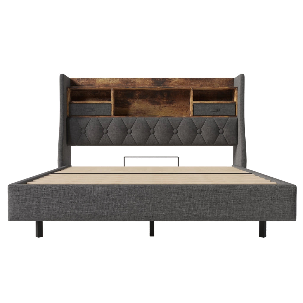 OKWISH Letto Matrimoniale 140×200 cm con LED Regolabile, USB, Tipo C e Contenitore, senza Materasso, in Lino, Grigio