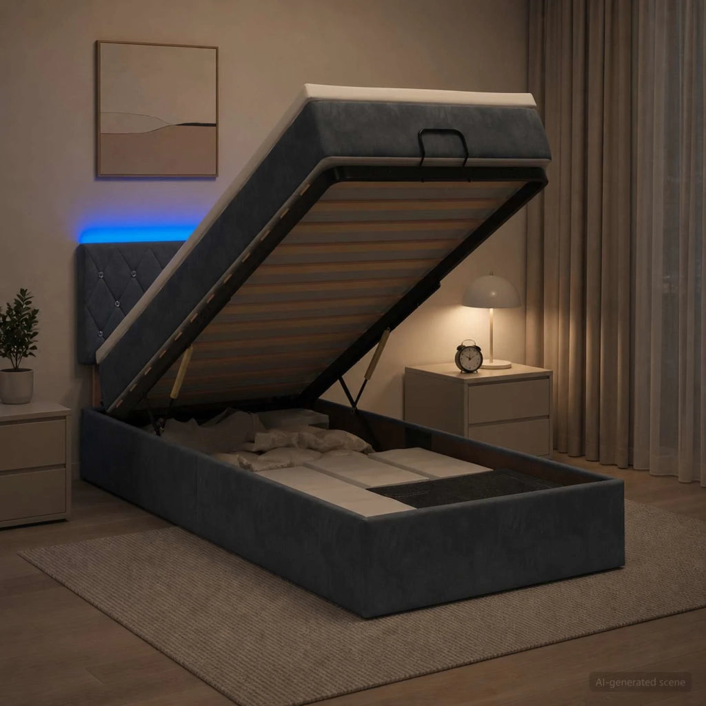 Letto Ottomano con Materasso e LED Grigio Scuro 90 x 190 cm 3457036