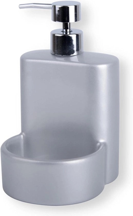 Dispensatore di sapone per cucina in ceramica a forma di mattoncino, con contenitore per risciacquo o spugna, 10 x 11,5 x 18 cm. Organizzatore elegante per lavandino (grigio argento)