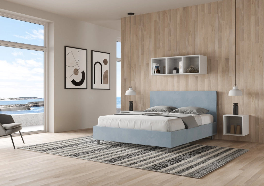 BS COM Letto matrimoniale francese senza rete imbottito 140x210 microfibra azzurro