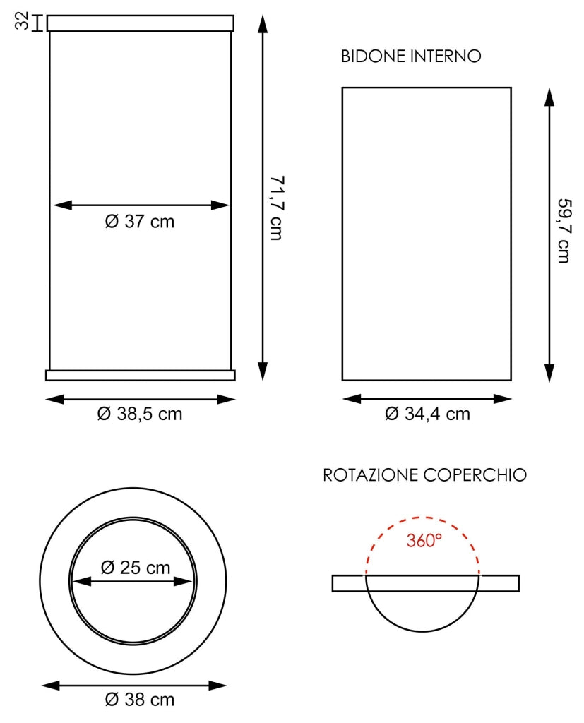 Cestino Gettacarte Ø38,5 cm in Metallo Nero Opaco 52L con Coperchio Girevole
