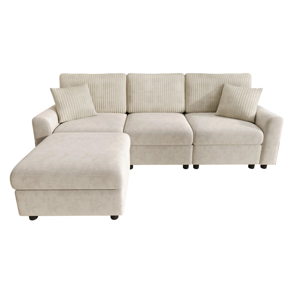 Divano in ciniglia e velluto a coste con poggiapiedi; USB e Type-C; beige; 223×146×84 cm