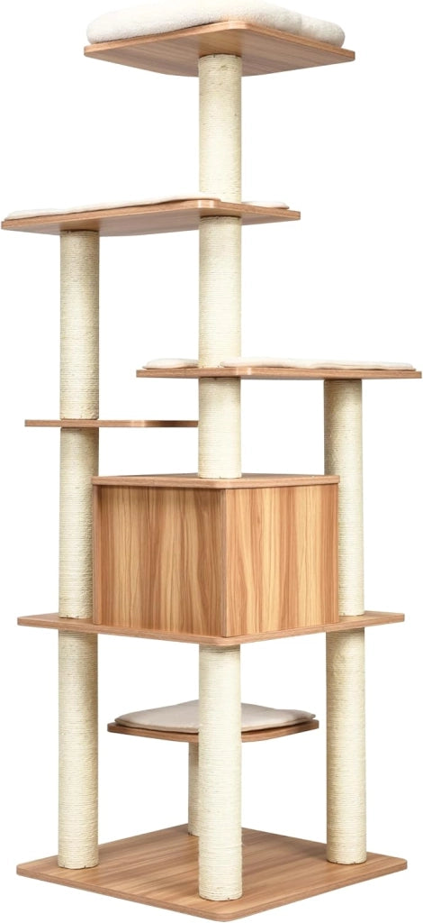Tiragraffi grande 175 cm di altezza, robusto albero per gatti in legno, con 6 piattaforme, casetta per gatti e tronchi sisal, mobili per gatti, albero attività (naturale)