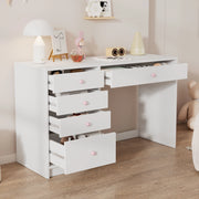 Scrivania lineare con 5 cassetti e maniglie in ceramica rosa, per cameretta e camera da letto, bianco, 120 × 45 × 74 cm