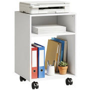 Mobile Porta Stampante in Legno con Ruote a Freno e 2 Scomparti Aperti. 40x35x55 cm. per Ufficio Studio. Bianco