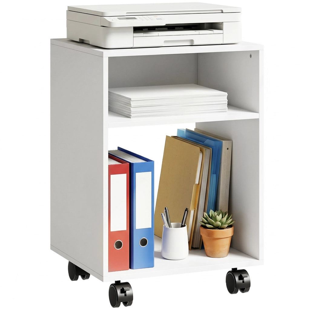 Mobile Porta Stampante in Legno con Ruote a Freno e 2 Scomparti Aperti. 40x35x55 cm. per Ufficio Studio. Bianco