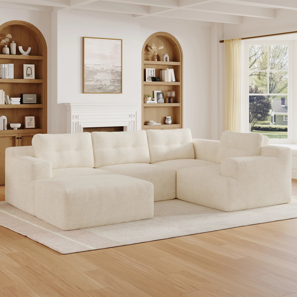 Divano modulare a U componibile con poggiatesta alto e pouf design senza telaio senza montaggio in chenille beige