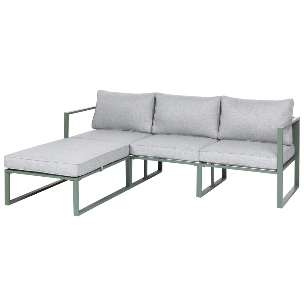 Set Lounge da Giardino a 3 Posti con Divano Angolare Sinistro in Tessuto Verde e Tavolino Struttura in Alluminio