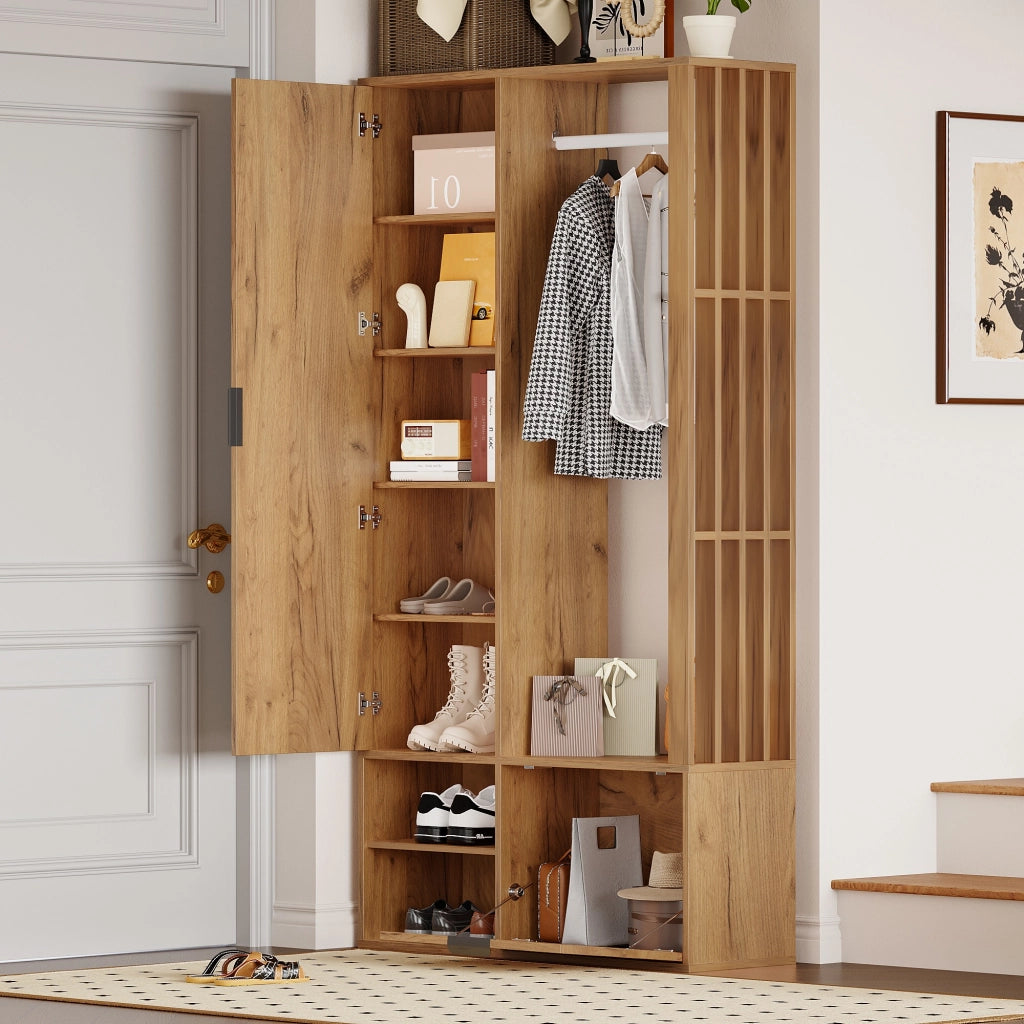 Mobile d'Ingresso con 2 Armadi e Specchio; 9 Vani Contenitore; Anta a Ribalta; Stile Minimalista; in Truciolare; Naturale; 100??33??190 cm