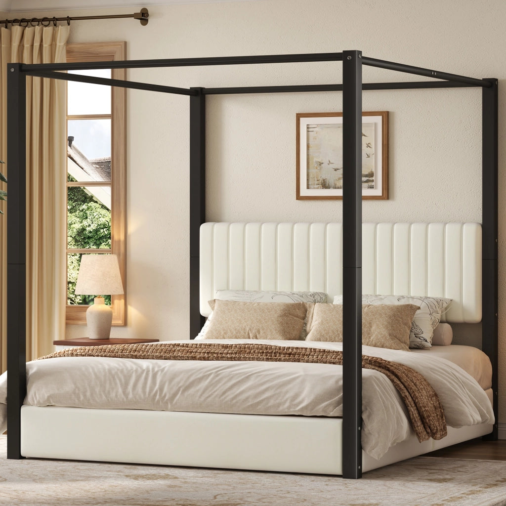 Letto matrimoniale 180 × 200 cm a baldacchino con testiera imbottita, struttura in metallo, senza materasso, beige e nero