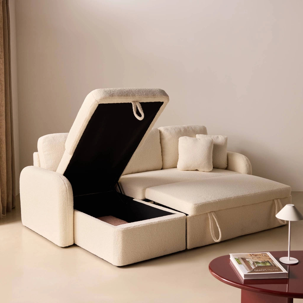 Divano letto angolare reversibile in bouclé con contenitore, 3 posti,