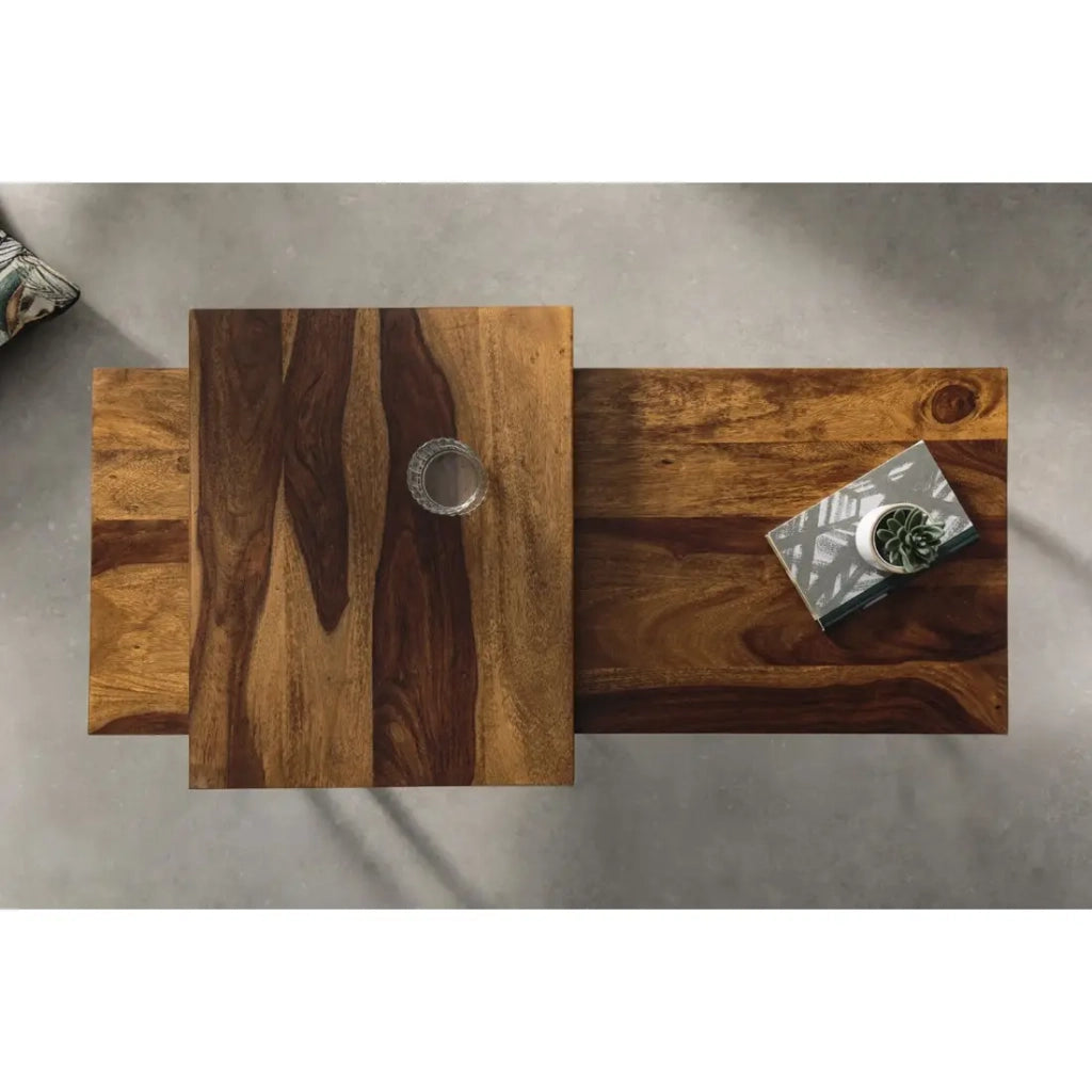 Tavolini impilabili VORTEX in legno massiccio Sheesham e metallo nero – set di 2 tavolini design industriale