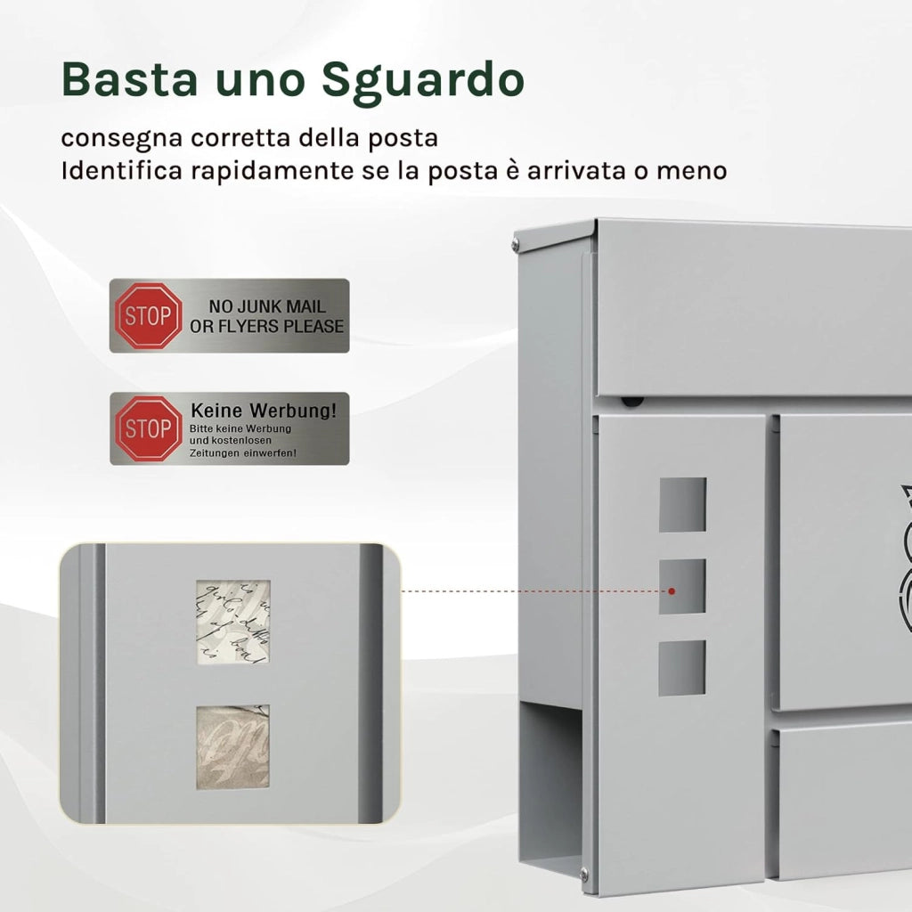 Cassetta per Lettere, con Serratura, Finestre di Visualizzazione, Fessura 33,8x3 cm, Coperchio Incernierato, Scomparto per Giornali, 37x10,5x37 cm, Grigio