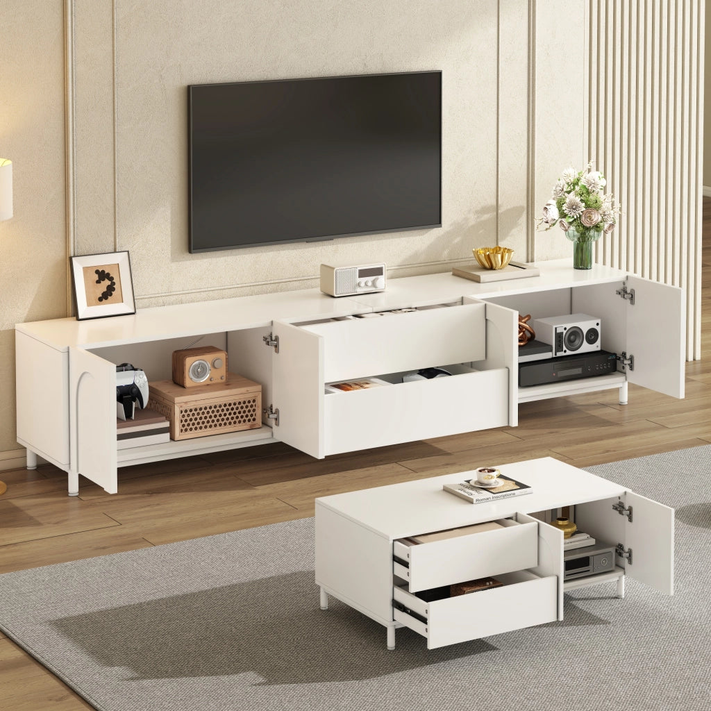 Mobile porta TV con 4 ante e 2 cassetti, tavolino basso coordinato, per soggiorno, in MDF e truciolare, bianco