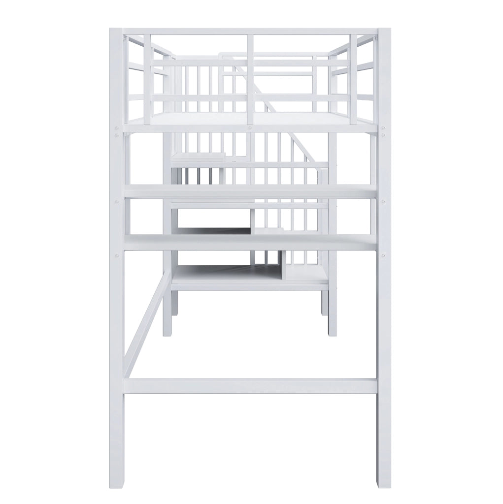 Letto a soppalco ULEVR 90x200 cm con scala contenitore, ripiani e sponde di sicurezza, bianco