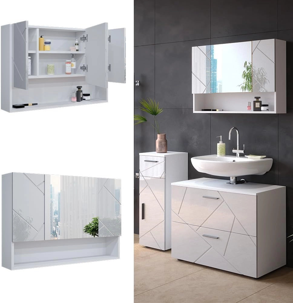 Specchio contenitore bagno Irma, Bianco lucido, 80.1 x 55 cm, con specchio e ripiani aperti per montaggio a parete