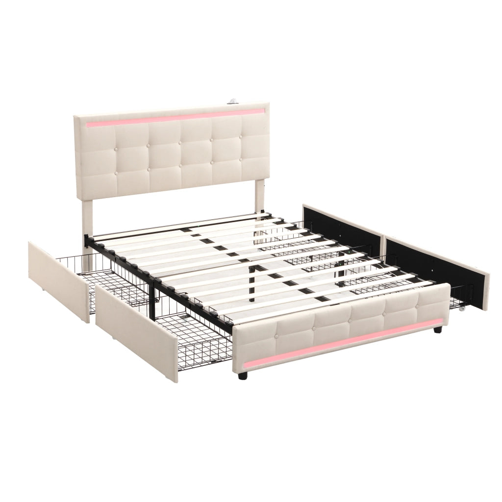 OKWISH Letto con Cassetti 140×200 cm, Letto Matrimoniale con 4 Cassetti, LED Regolabile, 2 USB e Telecomando, senza Materasso, Beige