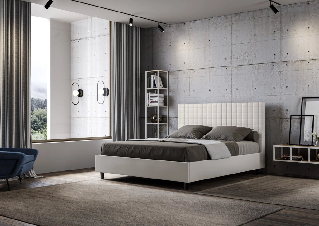 Letto Matrimoniale 160x200 cm con Rete e Contenitore con Testata e Alzata Comoda Imbottito in Similpelle Sunny Bianco