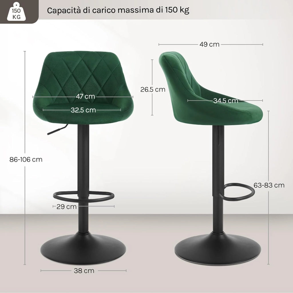 4x Sgabelli da Bar Moderni Girevoli Sedia Cucina Alta con Schienale Quadrato Senza Braccioli Altezza Regolabile in Velluto Verde Scuro BH219dgn-4