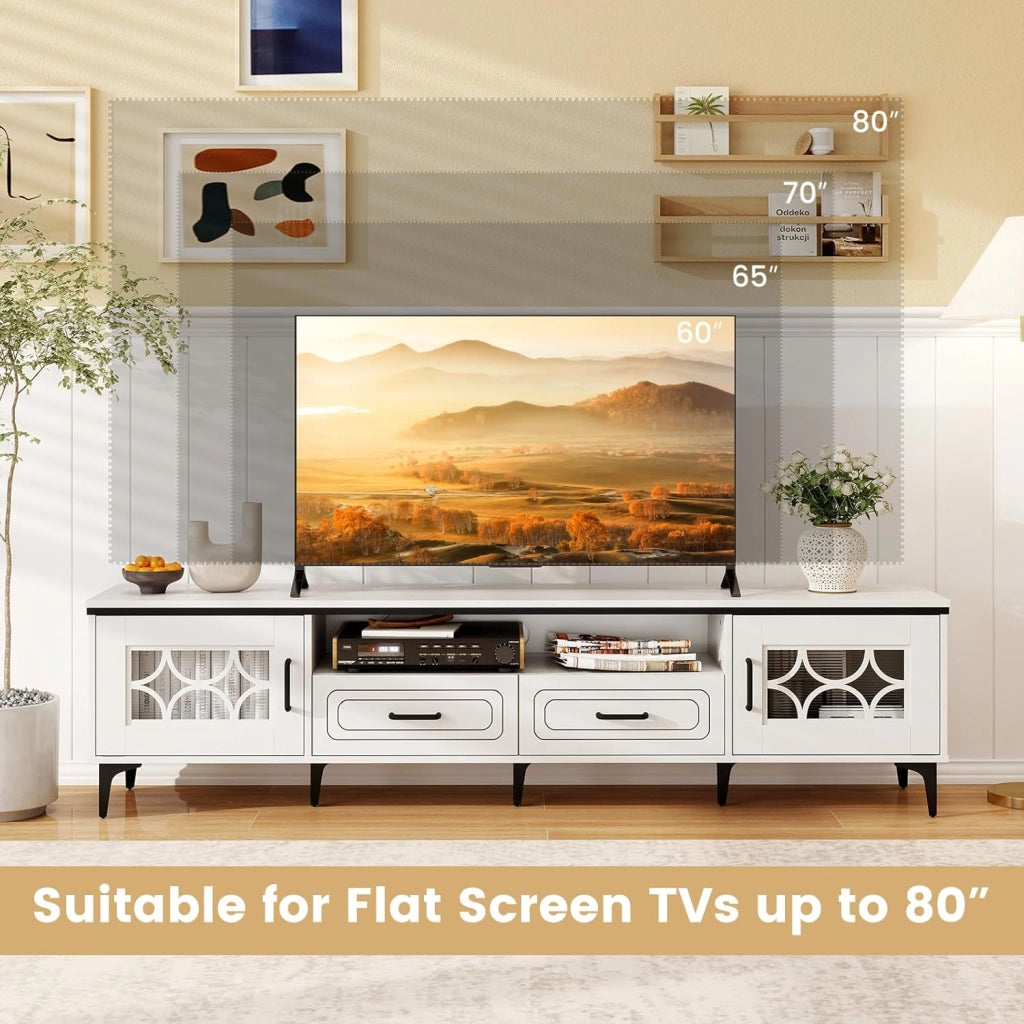Mobile TV basso per TV fino a 80 pollici, Panca TV, 2 Armadietto con porta e ripiani aperti, Mobile telle con 2 cassetti e foro dei cavi, 180,5 x 35 x 46 cm (bianco)