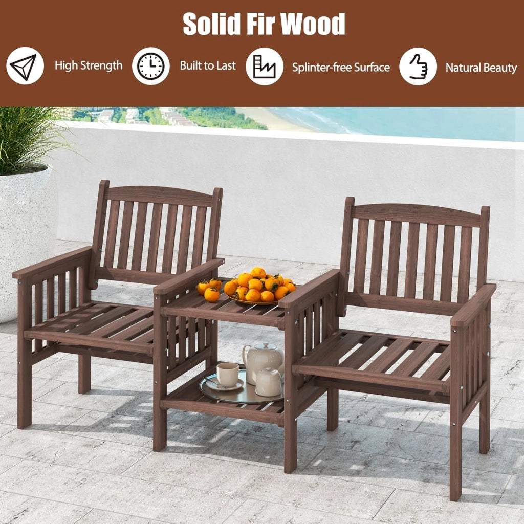 Set di salotto da giardino in un pezzo, in legno massello, 1 tavolo con foro per ombrelloni e 2 poltrone, mobili da esterno per cortile, patio, terrazza (carico 150 kg, marrone)