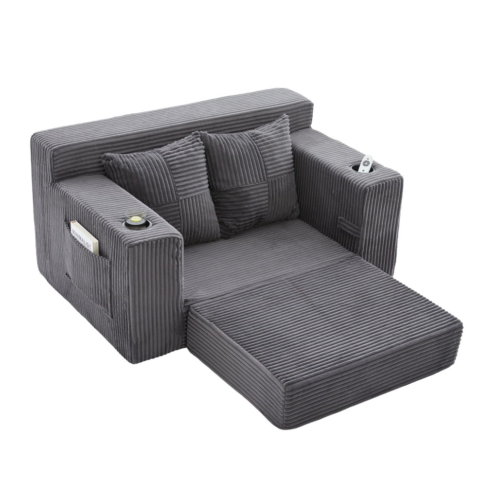 Divano pouf 151x133x64 cm con tasche laterali e 2 cuscini in velluto a coste grigio