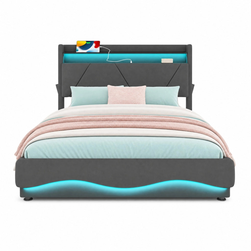 Letto imbottito 140x200 cm in velluto grigio con LED; contenitore e porte USB