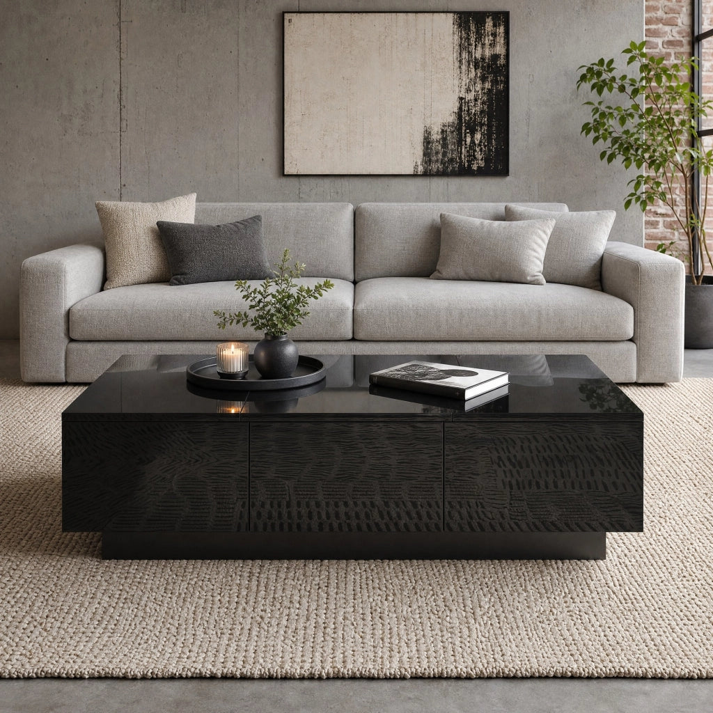 TAVOLINO DA SALOTTO Nero Lucido 100 x 31 x 50 cm con cassetti
