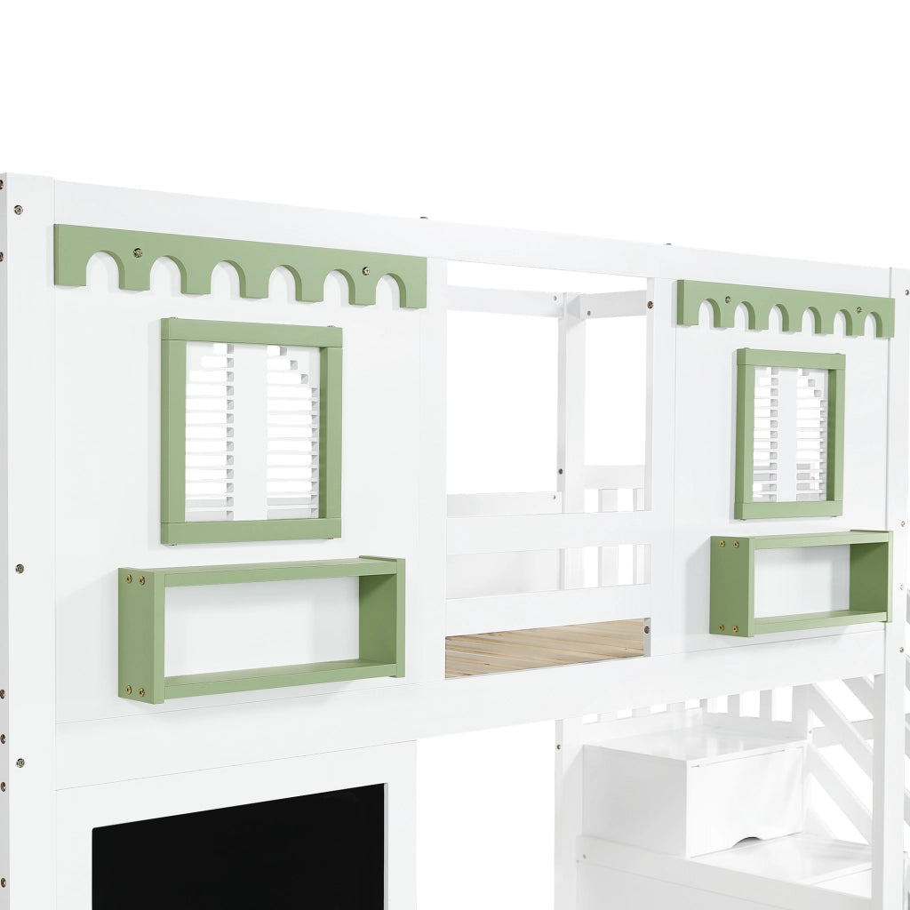 Letto a Castello 90x200 cm - Armadio a Gradini; 2 Cassetti e Ganci - Bianco e Verde