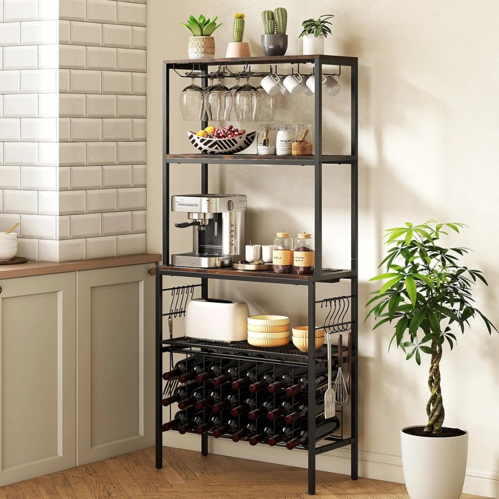 Portabottiglie da Terra per 24 Bottiglie, Cantinetta Portabottiglie Vino con Presa di Corrente, Supporto per Bicchieri, Ganci e 3 Ripiani, per Cucina, Soggiorno e Bar