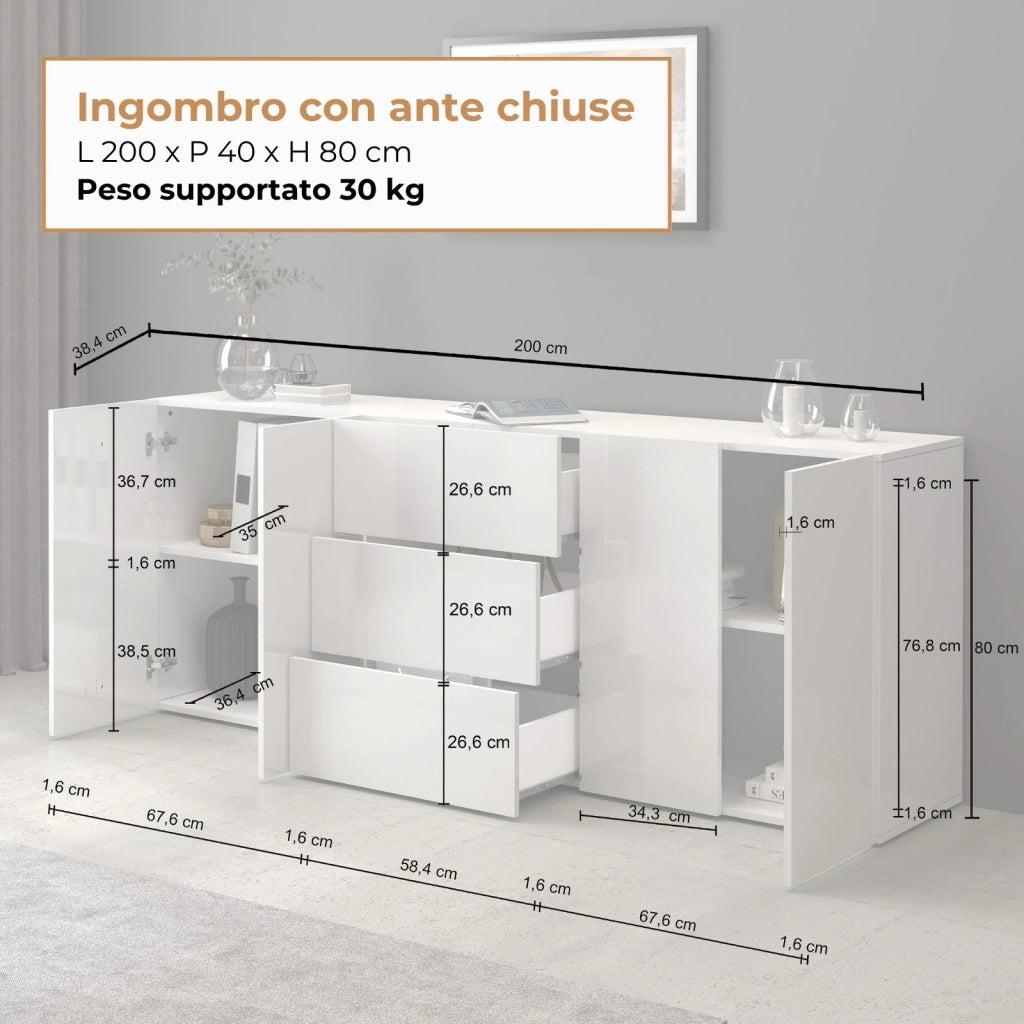 WHOUS Credenza Egypt a 4 ante e 3 cassetti bianco lucido 200x40x80 cm