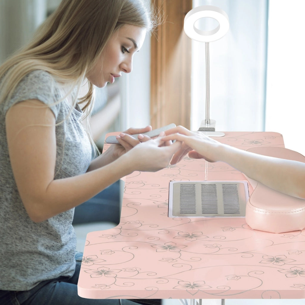 Tavolo manicure pieghevole con aspiratore elettrico e borsa da trasporto, Scrivania portatile unghie con luce led Rosa-Scrivanie