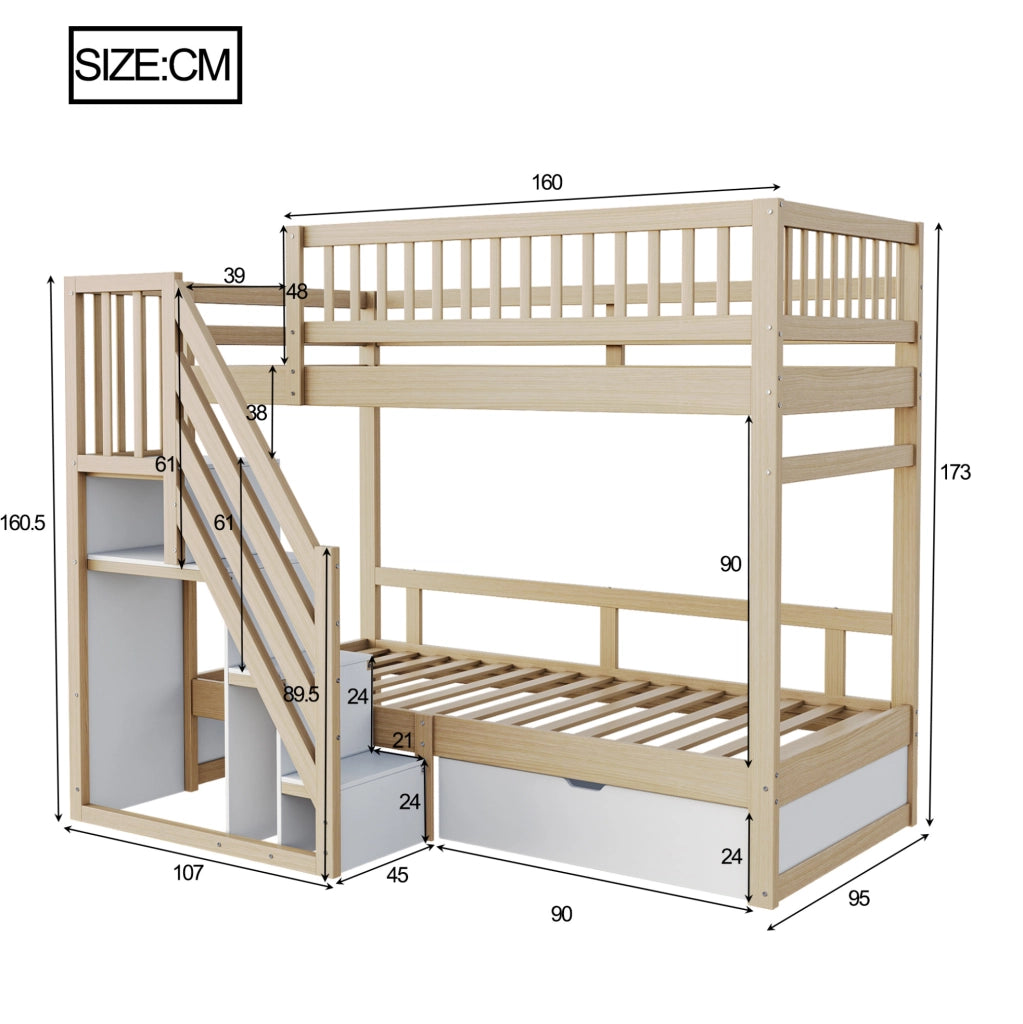 Letto a castello 90x200 cm in legno con scala contenitore