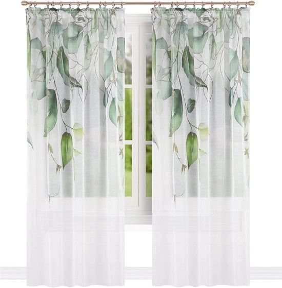 Gordini con banda di ruché in bianco - Tende per soggiorno moderno - Tendaggio, tenda per finestra, lunga, trasparente - Semi-trasparente - 1 pezzo 145 x 250 cm Motivo foglie