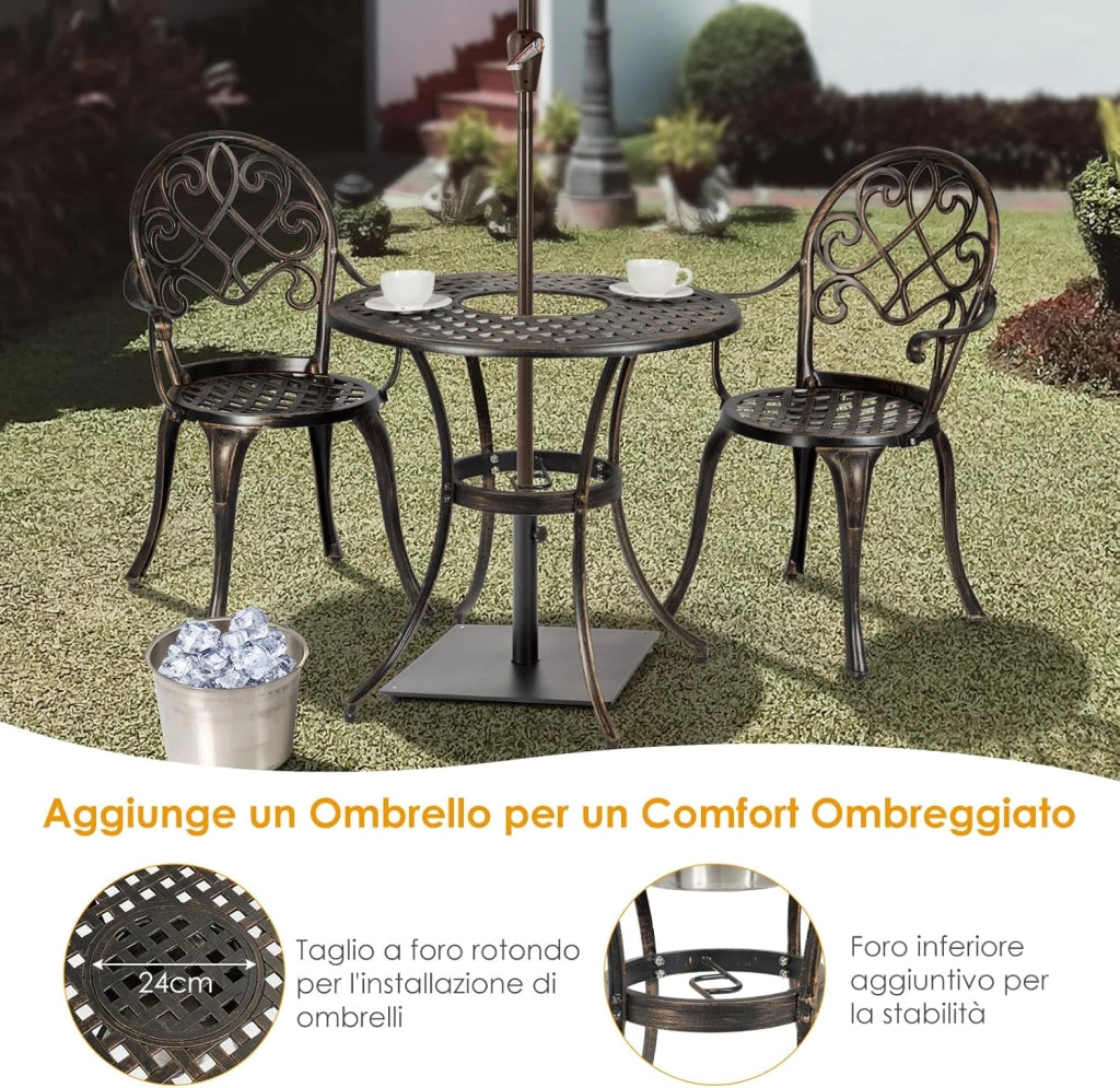 Tavolo Rotondo e 2 Sedie, con Secchio di Ghiaccio, Set Mobili 3 Pezzo da Giardino in Fusione di Alluminio, Stile Antichi, Resistente Alle Intemperie (Bronzo Antico)
