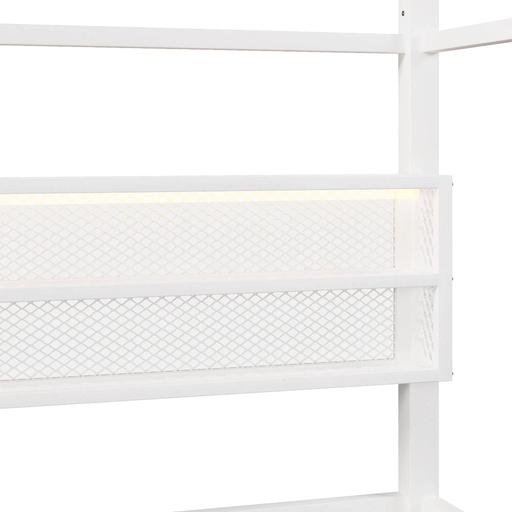 Letto a piattaforma forma di casa 90x200 cm con ringhiera e illuminazione LED, bianco