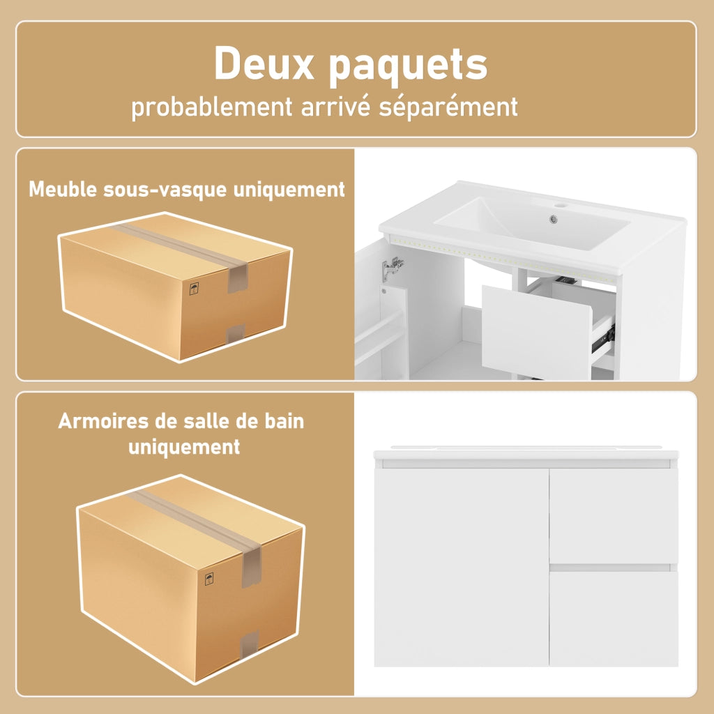 Mobile sottolavabo con 2 cassetti, LED a sensore radar, lavabo in ceramica, per bagno, bianco, 76 × 46 × 50 cm