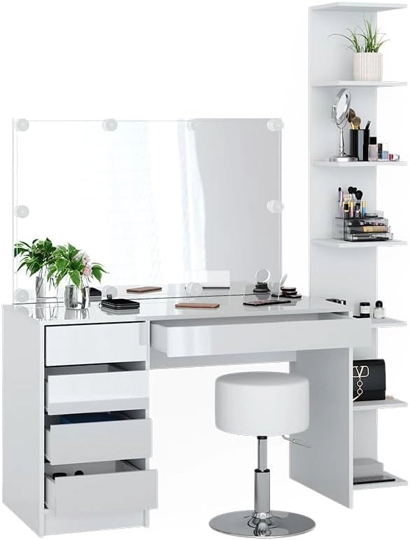 Vicco Tavolino da toilette Sherry, Bianco, 4 pezzi, con ripiano portaoggetti, specchio, sgabello, LED, adatto per l’uso quotidiano con telaio stabile