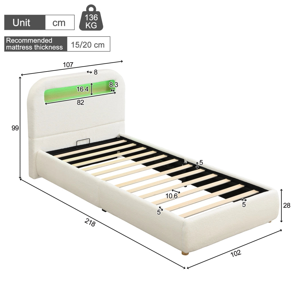 Letto imbottito con contenitore idraulico; LED e rete a doghe; bouclé bianco