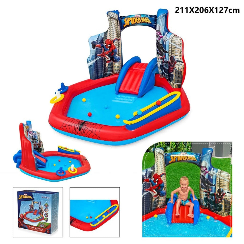 Trade Shop - Centro Giochi Acquatico Spider-man Gonfiabile Piscina 211x206x127cm Anelli Palline 98793 -