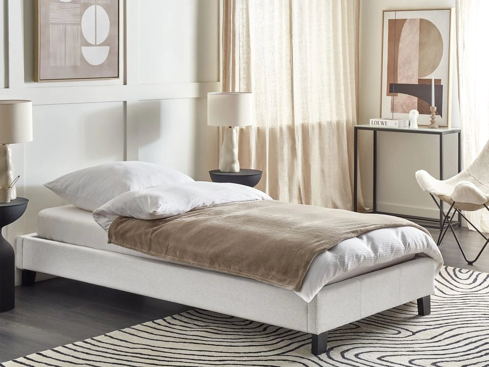 Letto singolo 90 x 200 in tessuto grigio chiaro con rete a doghe senza testiera
